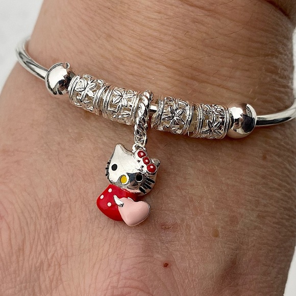 Sterling Silver Hello Kitty Charm Bangle Bracelet - Picture 5 of 10
